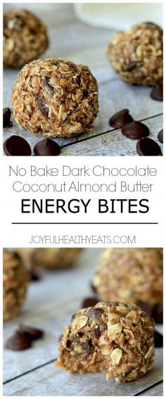 No Bake Dark Chocolate Coconut Almond Butter Energy Bites! | www.joyfulhealthyeats.com #snack #healthy #recipe