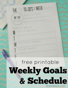 Free printable weekly goals and schedule: Setting goals for myself to get those not so fun tasks done each week is a huge help! #printable #todolist #weeklygoals #organization tinysidekick.com