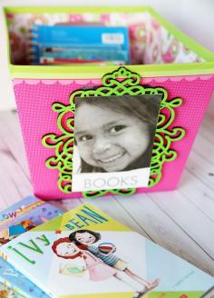 How to create custom photo tags. I affixed mine to storage bins to keep us organized. Perfect for school papers, room clean up, or simply just organizing closets and pantry. skiptomylou.org #organize #storage #photogifts #hpcreate