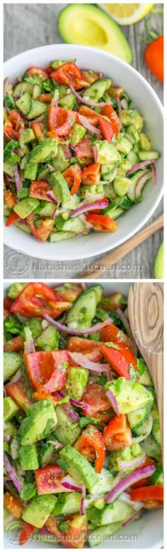 This Cucumber Tomato Avocado Salad recipe is a keeper! Easy, Excellent Salad | https://NatashasKitchen.com #Healthy #Recipe