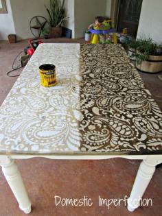 Domestic Imperfection - Paisley stenciled table, with and without stain. Kitchen table re-do idea!
