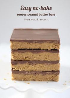 Easy no-bake chocolate peanut butter bars on iheartnaptime.com ...these are better than reeses!  Reeses peanut butter no-bake bars Ingredients:  1 cup salted butter (melted) 2 cups keebler graham cracker crumbs 1/4 cup brown sugar 1 3/4 cup powdered sugar 1 cup peanut butter 1/2 tsp. vanilla 1 (11 oz) bag milk chocolate chips Directions:  1. Combine all ingredients, except chocolate chips in a medium sized bowl. Stir until the mixture is smooth and creamy. 2. Pour peanut butter mixture into a 9x