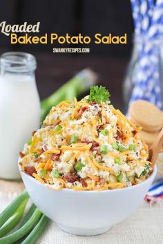 Loaded Baked Potato Salad Chunky Honey Gold potatoes mixed with sour cream, cheddar cheese, green onions and bacon perfect for BBQs, holidays and dinner. Full recipe