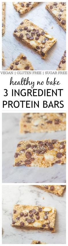 Healthy 3 Ingredient No Bake Protein Bars- You only need three ingredients and less than five minutes to whip up these healthy 3 ingredient no bake protein bars! Vegan, Gluten, Dairy and Allergy free and perfect for snacking or after a workout! @thebigmansworld - thebigmansworld.com