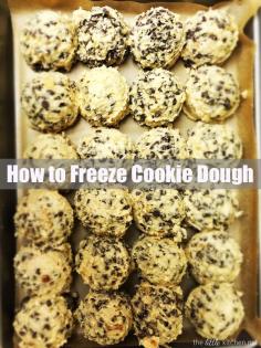 How to Freeze Cookie Dough from thelittlekitchen.net. |  Make the cookie dough, scoop onto a baking sheet, freeze, transfer to a ziplock bag and keep in the freezer until you need a cookie (bake for a min or 2 longer than usual because they're frozen)