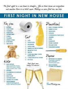 Familys first night in new house checklist. The first night in a new house after a move is stressful. Making an open-first box can help.