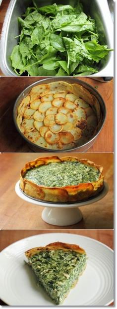 Spinach and Spring Herb Torta in Potato Crust- substitute potatoes for sweet potatoes to make it paleo, maybe doing a quiche filling