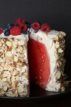 
                    
                        Moms will love making this easy, no-bake watermelon cake, while kids will love licking the whipped cream and eating the tart berries.
                    
                