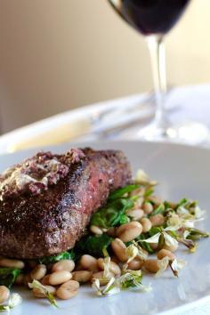 
                    
                        Beef Filet, Horseradish-Olive Tapenade, Cannellini Beans, Spinach, Arugula Flowers
                    
                