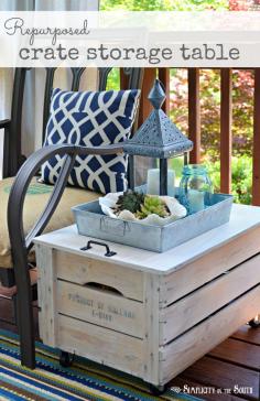 Make a repurposed crate storage side table for outdoors, by Simplicity in the South, featured on I Love That Junk. Pool storage idea