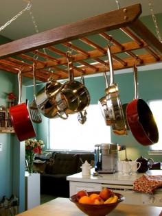 old ladder as a pot rack.....how to build a hanging pot rack