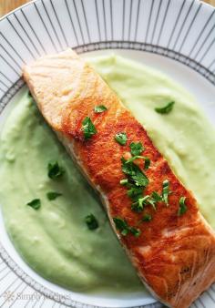 Pan Seared Salmon with Avocado Remoulade by simplyrecipes: Pan seared salmon with a creamy avocado remoulade sauce, avocados puréed with lime juice, olive oil, shallots, parsley, and Dijon. #Salmon #Avocado #Healthy