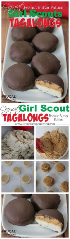 Copycat Girl Scouts Tagalongs Cookie Recipe - Peanut Butter, Chocolate, and Cookie. Details and Tutorial on Frugal Coupon Living. Enjoy these cookies year-round. Copycat Recipe. Copycat Girl Scouts Recipe. Cookie Recipe. Girl Scouts DIY. Girl Scouts Ideas.