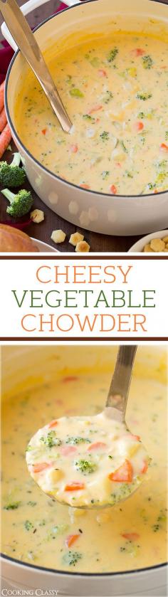 Cheesy Vegetable Chowder - adding this to the rotation, whole family LOVED it! Like broccoli cheese soup meets creamy potato soup.  #soup #food #recipe #lunch #recipes
