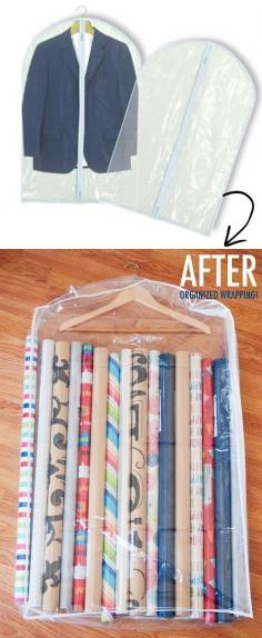 Don't let gift wrapping drive you crazy. A garment bag will keep your wrapping paper organized!