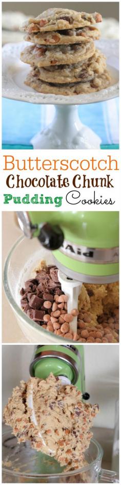 Butterscotch Chocolate Chunk Pudding Cookies....perfection! #cookies #butterscotch #chocolate #puddingcookies  Full recipe