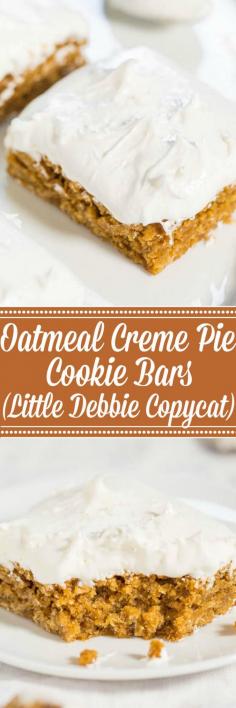 Oatmeal Creme Pie Cookie Bars (Little Debbie Copycat) -The flavor of the classic cookies turned into fast, easy, chewy bars and the frosting is beyond amazing! They're even better than original Oatmeal Creme Pies!! Everyone at your #FourthofJuly #LaborDay party will want the recipe!