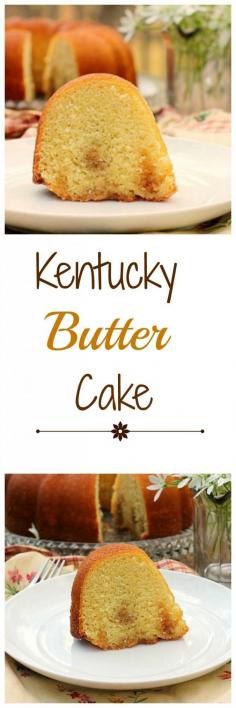 Kentucky Butter Cake  A delicious butter cake with a warm butter cinnamon sauce poured on it while still hot! You'll love this tender cake.