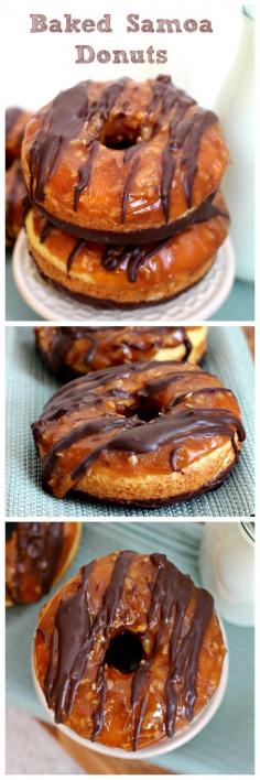 Baked Samoa Donuts ~ Buttery Donuts Dipped in Chocolate and Covered in Caramel and Coconut! I need a donut pan