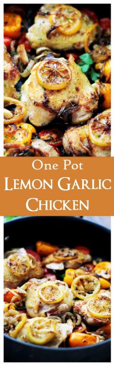 One Pot Lemon-Garlic Chicken and Veggies | www.diethood.com | Tender, garlicky, seared chicken thighs baked with sweet peppers, onions and tomatoes.