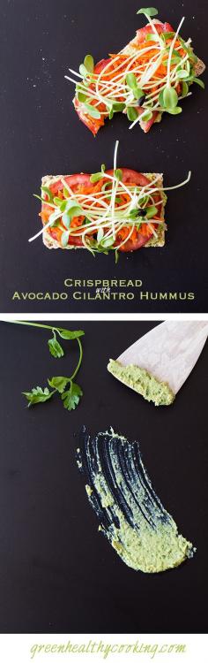 A recipe for a nutrient-dense vegan Crispbread with Avocado Cilantro Hummus whipped up in 20 minutes that will make you feel light and strong and fresh!