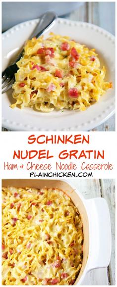 
                    
                        Schinken Nudel Gratin {Ham and Cheese Noodle Casserole} - recipe from the Epcot International Food and Wine Festival. Quick pasta casserole with cream, eggs, ham, onions, swiss, white cheddar cheese and egg noodles. Cook noodles, whisk together sauce and add cheeses. Quick and easy weeknight meal!
                    
                