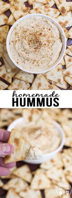 
                    
                        Homemade Hummus - This delicious and flavorful homemade hummus can be made in about 5 minutes time for a perfect healthy snack! Great with veggies or crackers.
                    
                