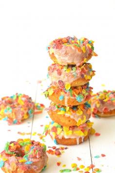 Fruity Pebble Cereal Milk Baked Donuts | soft, vanilla cake donuts made with Fruity Pebble cereal milk for a unique twist on breakfast!
