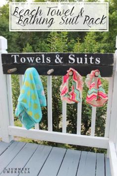 beach-towel-and-bathing-suit-rack-title- great idea for summer design diy