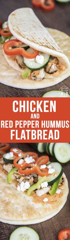 
                    
                        Chicken and Red Pepper Hummus Flatbread- This flatbread sandwich is spread with roasted red pepper hummus, and stuffed full of grilled chicken, sliced cucumbers, red peppers and green peppers and topped with feta cheese for a delicious and healthy sandwich perfect for lunch or dinner!
                    
                