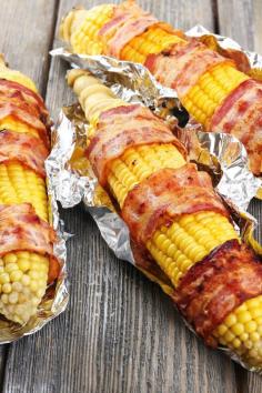 Grilled Bacon Wrapped Corn on the Cob Recipe....WOW WHAT AN AWESOME IDEA!!