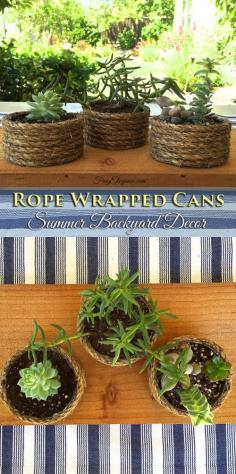 We used Rope & Empty Cans to create these for our Summer Decor. Come see how EASY they are to make.. #succulents #upcycle