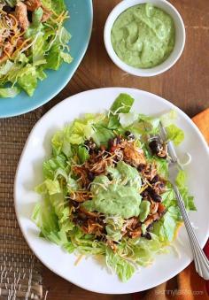Easy Crock Pot Chicken Taco Salad.  Filling and delicious – under 300 calories!