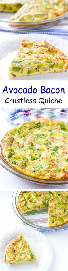 
                    
                        Avocado Bacon Crustless Quiche - Eggs, bacon, cheese, and avocado in one easy to prepare dish.  Perfect for #breakfast #brunch #lunch or #dinner
                    
                