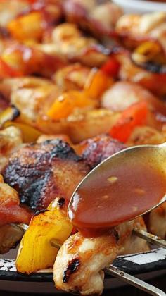 Grilled Honey BBQ Bacon Chicken Kabobs.