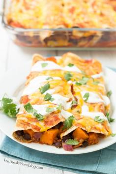 Sweet Potato and Black Bean Enchiladas - a healthy vegetarian take on your favorite enchiladas! | Kristine's Kitchen