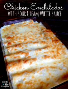 Chicken Enchiladas with Sour Cream White Sauce - The BEST Enchiladas EVER! Mike loved these more than any other enchilada recipe I've tried (which has been quite a few). The sauce is awesome