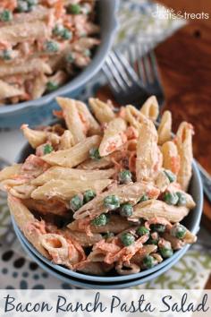 Bacon Ranch Pasta Salad ~ Creamy Pasta Salad Loaded with Pasta, Peas, Carrot, Bacon Bits and Ranch Dressing