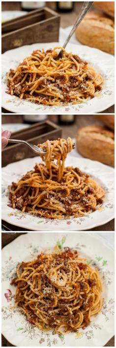 Spaghetti Bolognese. Pancetta, spices, tomatoes, carrots, celery...all come together in a rich, meaty sauce. Red wine is a must:)