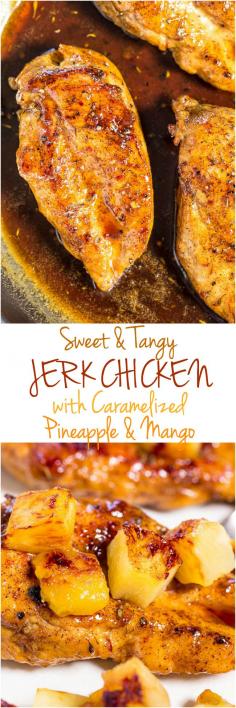 ~~Sweet and Tangy Jerk Chicken with Caramelized Pineapple and Mango | Easy and ready in 15 minutes! Dinner that tastes like a tropical vacation is a guaranteed hit!! | Averie Cooks~~