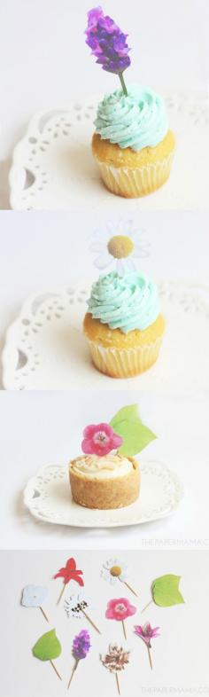 Dollar Store Craft - Make cupcake toppers inspired by flowers in your garden! Get the free printables here.