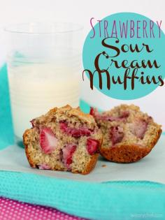 Strawberry Sour Cream Muffins -  A healthy, delicious way to start your day (replace butter with greek yogurt and milk with almond milk)! #strawberry #muffins