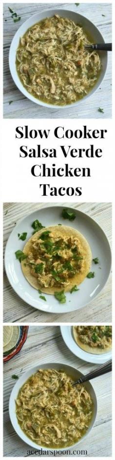 
                    
                        Slow Cooker Salsa Verde Chicken Tacos Chicken breasts cook in salsa verde, green peppers and diced chilies to create a tender, flavorful taco filling. Salsa Verde Chicken also works great in quesadillas, over nachos or as an enchilada filling.// A Cedar Spoon
                    
                