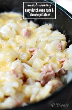 Award-Winning Dutch Oven & Ham Potatoes | 8-10 medium potatoes (peeled and diced) 1 onion 2 cups diced ham 1 pound of grated cheese ( I use mild cheddar) 1 can cream of mushroom soup