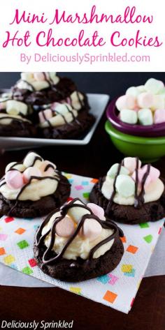 Mini Marshmallow Hot Chocolate Cookies recipe topped with marshmallow buttercream frosting, mini marshmallows and drizzled with chocolate!