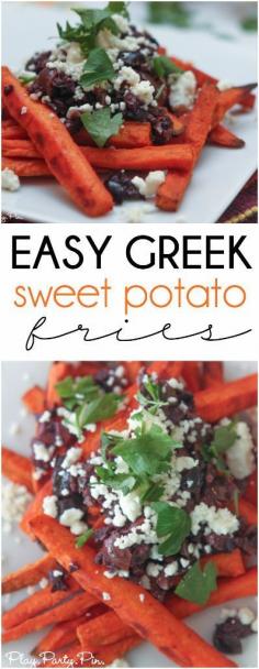 These baked sweet potato fries are topped with Greek inspired toppings like kalamata olives, feta cheese, and parsley for a one of the best appetizers or side dishes.