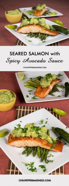 Seared Salmon with Spicy Avocado Sauce from Chili Pepper Madness