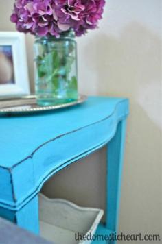 #turquoise side table makeover from The Domestic Heart #furnituremakeover #upcycled