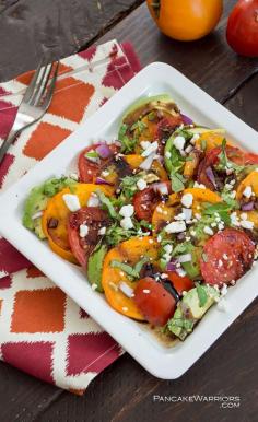 
                    
                        Quick summer avocado salad. Rich buttery avocado paired with juicy ripe summer tomatoes with reduced balsamic drizzled over the top. | www.pancakewarrio...
                    
                