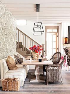 
                    
                        Flea Market Chic-Neutral Wicker Dining Chairs Blends Beautifully With The Banquette and Trestle Table.
                    
                